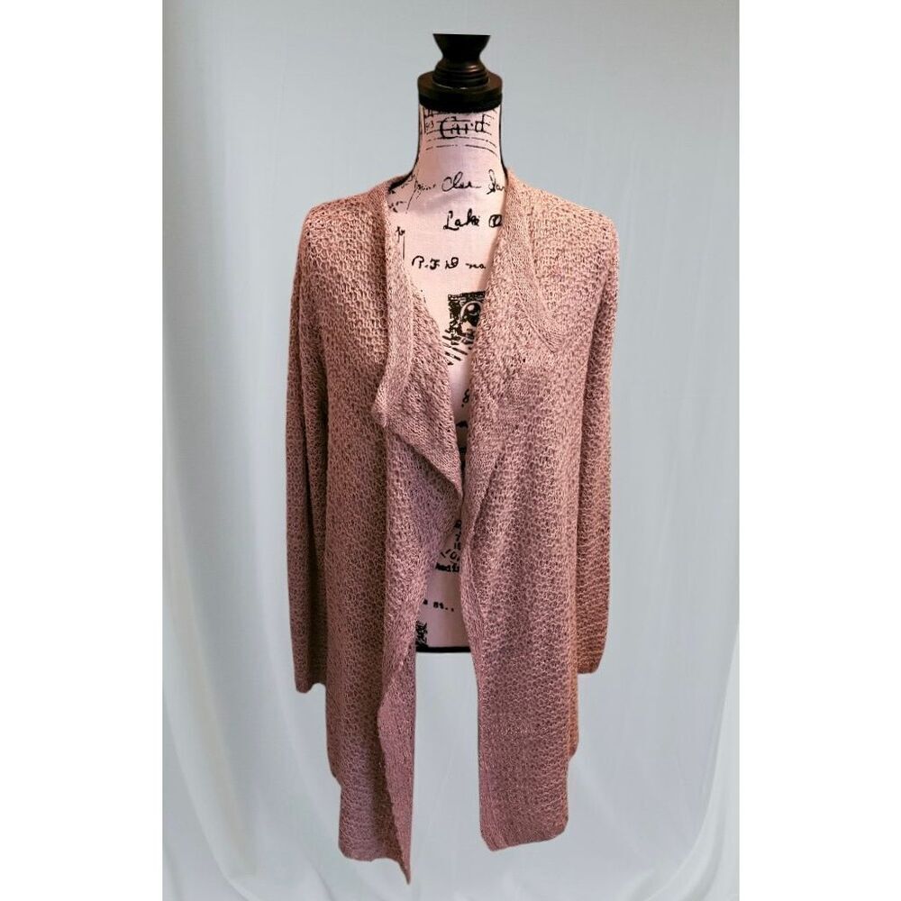 Solutions! Women Size Large Pink Crotchet Knit Open Front Cardigan Shawl Sweater